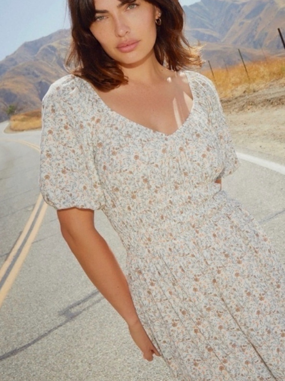 Nation LTD Faye Floral Puff-Sleeve Dress in Cream